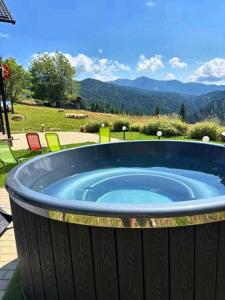 a jacuzzi tub with a view of the mountains at Domeniul Barabuc Colibita in Colibiţa