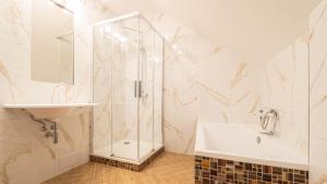 a bathroom with a shower and a sink at Wellness apartmán Habánská in Pouzdřany