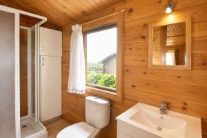 a bathroom with a toilet and a sink and a window at Cabaña Las Cebras de Cabárceno in Penagos