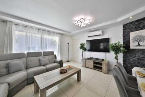 a living room with a couch and a flat screen tv at Villa Fontenailles in Mâcon
