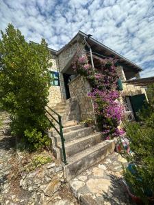a stone house with flowers on the stairs at Robinzonska kuća uz more in Tkon