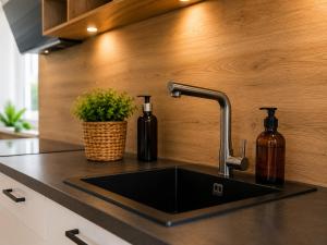 a kitchen sink with a faucet on a counter at Schongau Suites Premium Apartments XL in Schongau