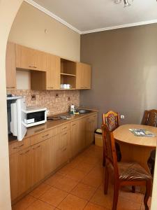 a kitchen with a table and a white refrigerator at Hotel Marianna in Berehove