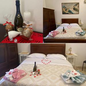 two pictures of a bed with a bottle of wine at Ill Balcone sullo stretto in Reggio di Calabria