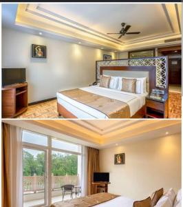 a hotel room with a bed and a large window at The velvet pines in Mukteshwar