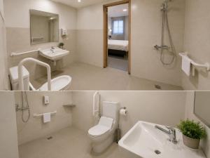 two pictures of a bathroom with a toilet and a sink at Hostal la calma de Mascaraque in Mascaraque +9 photos