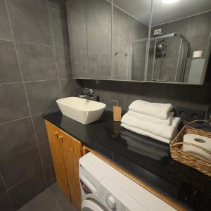 a bathroom with a sink and a mirror and a washing machine at City Center apartment in Jelgava in Jelgava