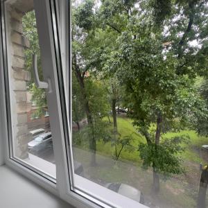 a window with a view of a tree at City Center apartment in Jelgava in Jelgava
