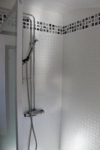 een douche in een badkamer met een douchegordijn bij Idrefjällens Sport Hostel in Idre