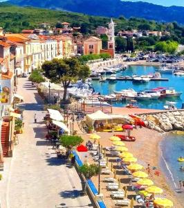 a beach with umbrellas and boats in a harbor at Locanda a Bosco in Bosco +17 photos
