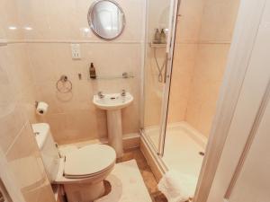 a bathroom with a toilet and a shower and a sink at The Coach House in Wigton