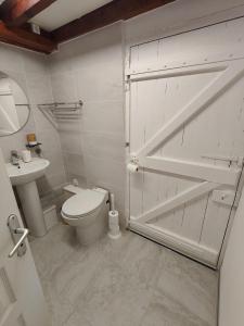 a white bathroom with a toilet and a sink at Gîte - La Gariotte du Causse in Frayssinet +7 photos