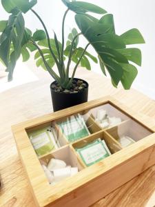 a wooden box on a table with a plant at Le Nuage - Vidéoprojecteur - Terrasse - 5min Gare in Ploumagoar +15 photos