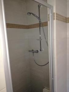 a shower with a glass door in a bathroom at Bungalow Schwielochsee in Schwielochsee +2 photos