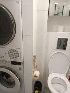 a small bathroom with a washing machine and a toilet at Dizengoff 20 in Netanya