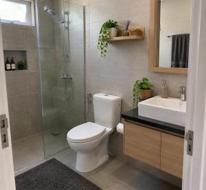 a bathroom with a toilet and a shower and a sink at Darson Bahau Villa 3 in Kuala Pilah