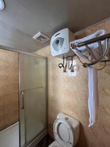 a bathroom with a shower and a toilet in it at HH Inn in Lagos +22 photos