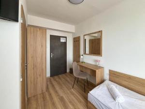 a bedroom with a bed and a desk and a mirror at RS Hotel in Rimavská Sobota +15 photos