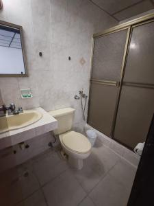 a bathroom with a toilet and a shower and a sink at Santa lucia in Panama City +15 photos