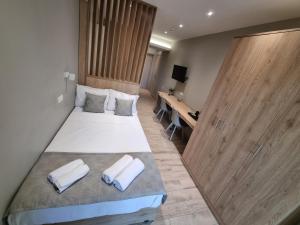 a hotel room with a bed and a desk at Xanthi Studio Apartments in Katerini