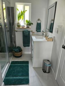 a bathroom with a sink and a shower with green rugs at The Cozy Nook in Grand Forks