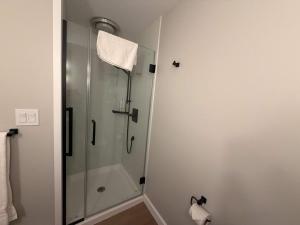 a shower with a glass door in a bathroom at South Beach 25 in Glen Arbor