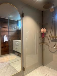 a bathroom with a glass shower with a mirror at The Dream Factory in Andøya +27 photos