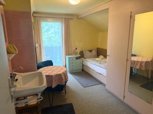a small bedroom with a bed and a sink at Villa Alexander in Bad Hofgastein