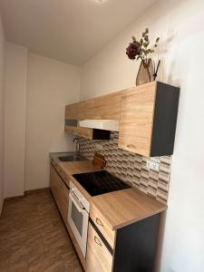 a kitchen with wooden cabinets and a stove top oven at V srdci Telče - Apartmán in Telč +6 photos