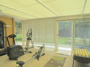 a gym with exercise equipment and a large window at U Closu San Petru in Linguizzetta