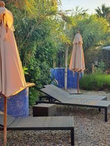 two umbrellas and a bench and a table at The Shell in Vallecrosia