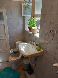 a bathroom with a sink and a toilet and a mirror at Belvedere di Van D'oro 1886 in Peroulades