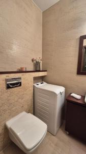 a bathroom with a white toilet and a sink at Kościuszki Centrum Apartment in Łódź