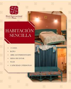 a flyer for a hotel with a bed in a room at Hotel Internacional Plaza in José Cardel