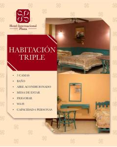 a flyer for a hotel room with beds and a table at Hotel Internacional Plaza in José Cardel