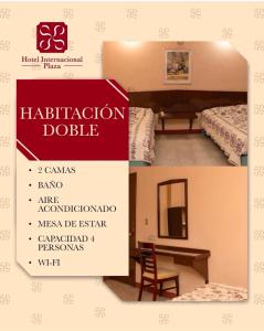 a sign in a room with two beds and a table at Hotel Internacional Plaza in José Cardel