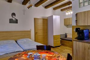 a bedroom with a bed and a table in it at Villa Axa in Vrbov
