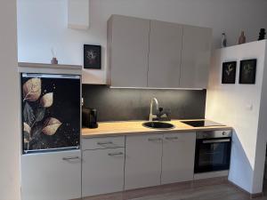 a kitchen with white cabinets and a sink at Apartmán Nádvorie in Levoča