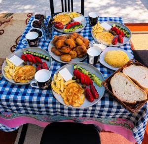 a table with plates of food on a blue checked table cloth at Home Lin in Lin