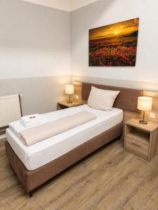 a bedroom with a bed with two tables and a painting on the wall at Aparthotel Emilia 24h Check-in, Free Parking and WiFi in Bargteheide