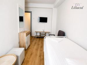 ein Krankenzimmer mit einem Bett und einem Schreibtisch in der Unterkunft Hotel Liliacul in Cluj-Napoca