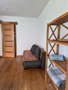 a living room with a bunk bed and a ladder at River Side Studio, 9mi from Palanga, With sauna in Kretinga