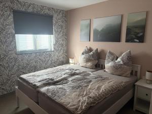 a bedroom with a bed with pillows and a window at Ferienwohnung Am Schlagbaum in Kaltennordheim