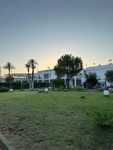 a large field with white buildings and palm trees at Salento Holiday Home in Torre Inserraglio