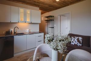 a kitchen and living room with a couch and a table at Stacja Tatry in Poronin