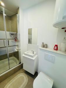 a white bathroom with a toilet and a shower at Le Cocon in Brussels