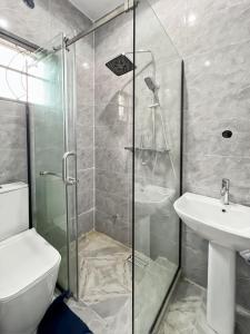 a bathroom with a shower and a toilet and a sink at Domina Serviced Apartment in Kubwa