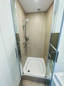 a bathroom with a shower with a tub at Le Cocon in Brussels