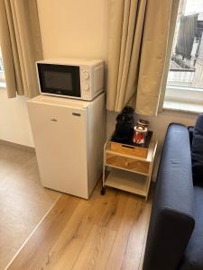 a living room with a tv and a microwave on a cabinet at Le Cocon in Brussels