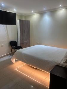 a bedroom with a bed with a television and a chair at Hotel Danmar in Ventanas +8 photos